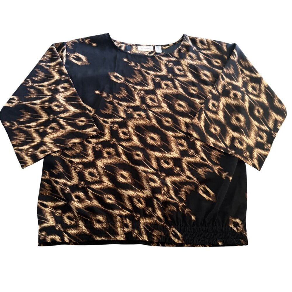 Chico's Women's Brown Abstract Print Black SS Blouse Top, Size 1 (US M)